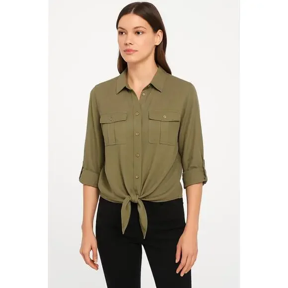 Michael By Michael Kors Shirt Womens Sz S Olive Green Button Tie Front Utility - Picture 1 of 7